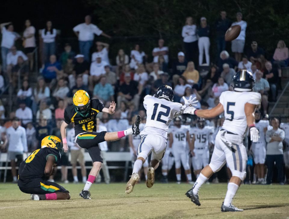 Jacob Wilkinson (18) kicks a field goal to give the Crusaders a 10-3 lead during the Gulf Breeze vs Catholic football game at Pensacola Catholic High School in Pensacola on Thursday, Oct. 6, 2022.