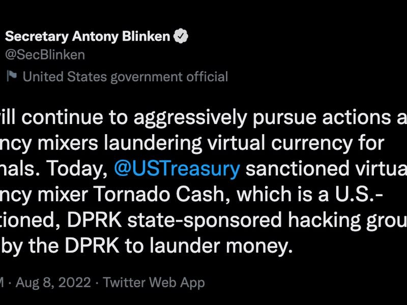 Deleted tweet by U.S. Secretary of State Blinken. This is not what the Treasury Department is alleging about Tornado Cash.