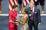 Sep 11, 2016; New York, NY, USA; Stan Wawrinka of Switzerland accepts the championship trophy after defeating Novak Djokovic of Serbia in four sets in the championship match on day fourteen of the 2016 U.S. Open tennis tournament at USTA Billie Jean King National Tennis Center. Mandatory Credit: Anthony Gruppuso-USA TODAY Sports