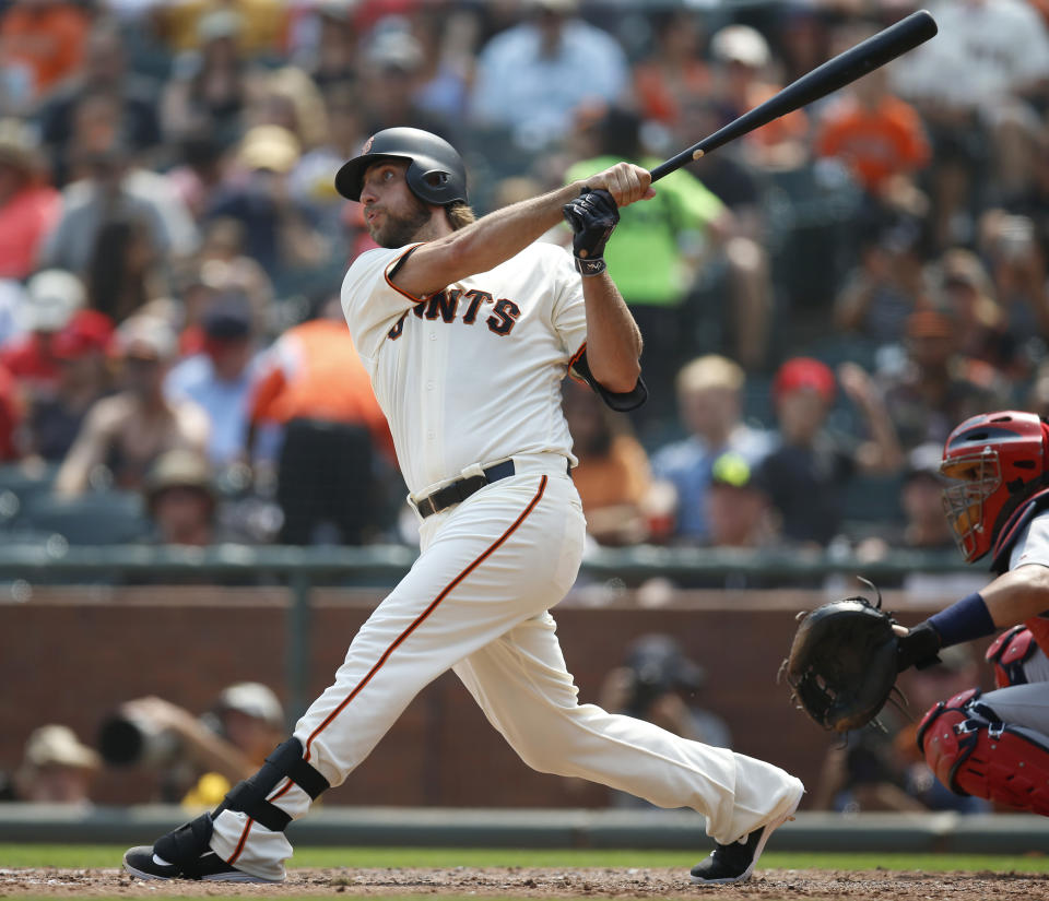 San Francisco Giants starting pitcher Madison Bumgarner (40) hits a solo home run against the St. Louis Cardinals in the fifth inning at AT&T Park in San Francisco, Calif., on Sunday, September 3, 2017. (Nhat V. Meyer/Bay Area News Group) (Photo by MediaNews Group/Bay Area News via Getty Images)