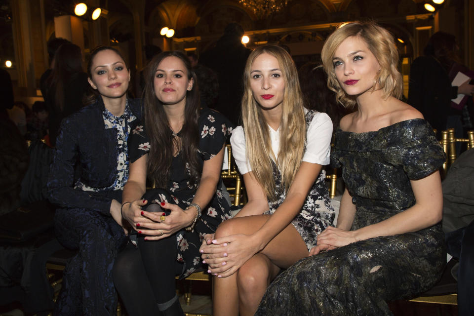 Singer and actress Katharine McPhee (L) poses with models and DJs Atlanta de Cadenet-Taylor (2nd L), Harley Viera-Newton and Leigh Lezark (R) at the presentation of the Zac Posen Autumn/Winter 2013 collection during New York Fashion Week February 10, 2013. REUTERS/Andrew Kelly (UNITED STATES - Tags: FASHION ENTERTAINMENT) - RTR3DMAN