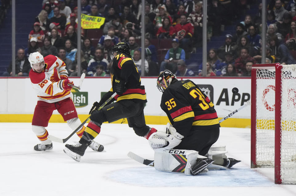 Calgary Flames' Elias Lindholm (28) puts a shot off the post behind Vancouver Canucks goalie Thatcher Demko (35) as Ethan Bear (74) defends during the first period of an NHL hockey game Saturday, April 8, 2023, in Vancouver, British Columbia. (Darryl Dyck/The Canadian Press via AP)