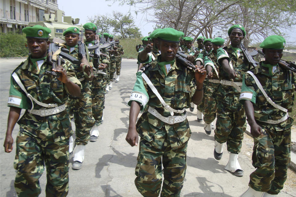 Burundian soldiers, part of the African Union troops, march at their base in Mogadishu, Somalia, Jan. 24, 2011. The second phase of the African Union troop withdrawal from Somalia has started, the bloc said Monday, Sept. 18, 2023. The pullout follows a timeline for the handover of security to the country's authorities, which are fighting al-Qaida’s affiliate in East Africa — the Somalia-based al-Shabab. (AP Photos Farah Abdi Warsameh)