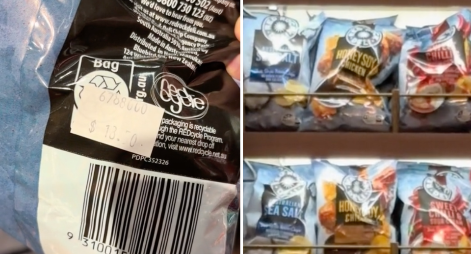 Left image of the label on the packet of Red Rock Deli chips showing $18.50. Right image of chips stacked on a shelf behind glass.
