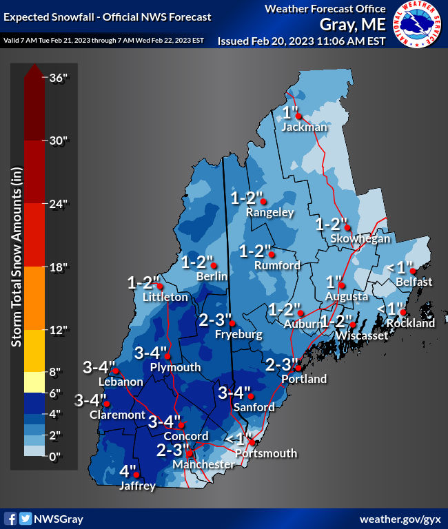 Here are the National Weather Service's projections for snowfall in a storm set to hit New Hampshire and Maine on Tuesday, Feb. 21, 2023. A second storm is expected to bring snow to the region on Thursday, followed by a brief weekend cold snap.