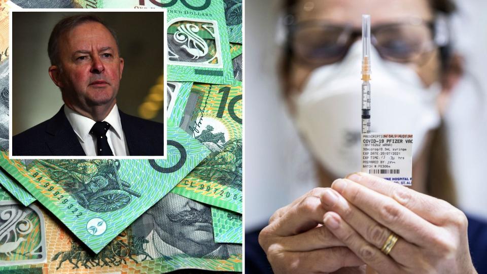 Anthony Albanese, Australian $100 notes, female nurse with needle of COVID-19 vaccine.