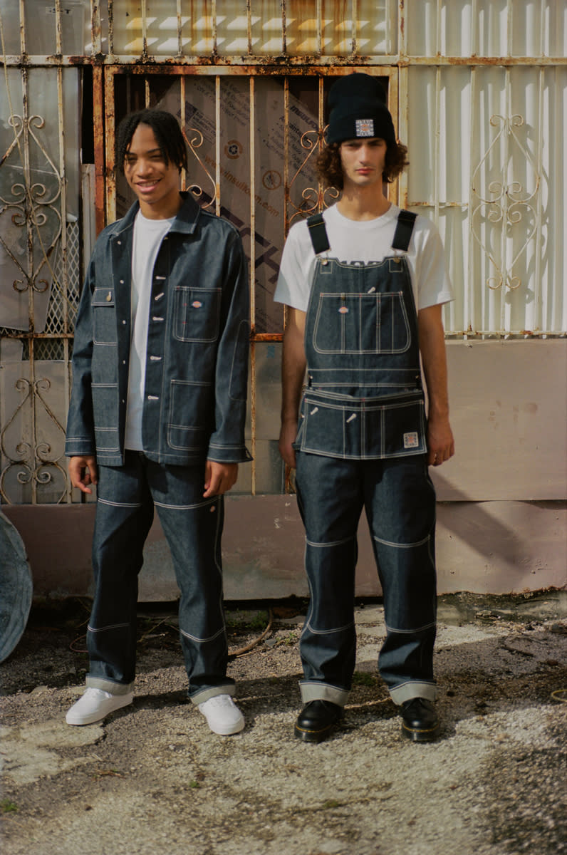 Models wearing Dickies bib overalls