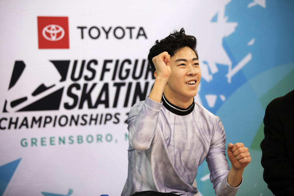 Nathan Chen reacts to his score in the men's short program at the U.S. Figure Skating Championships, Saturday, Jan. 25, 2020, in Greensboro, N.C. (AP Photo/Lynn Hey)