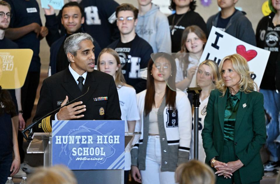 U.S. Surgeon General Vivek Murthy speaks as he joins first lady Jill Biden and first lady of Utah Abby Cox during a visit to Hunter High School in West Valley City on Tuesday, Jan. 16, 2024. | Scott G Winterton, Deseret News