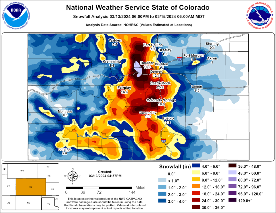 NWS map shows where snow fell on March 13 and 14, 2024.