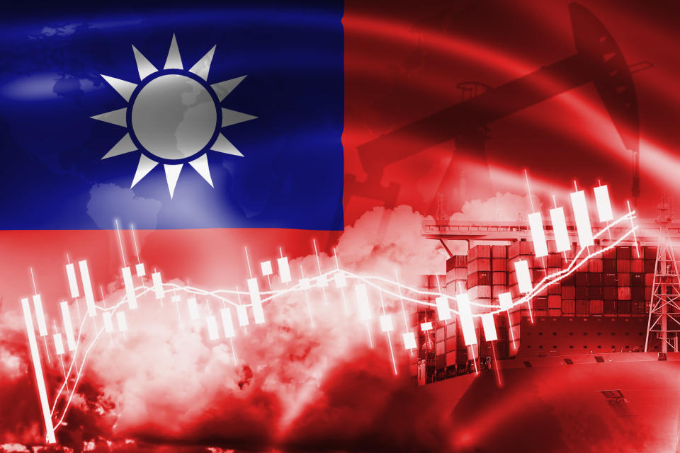 Taiwan flag, stock market, exchange economy and Trade, oil production, container ship in export and import business and logistics.