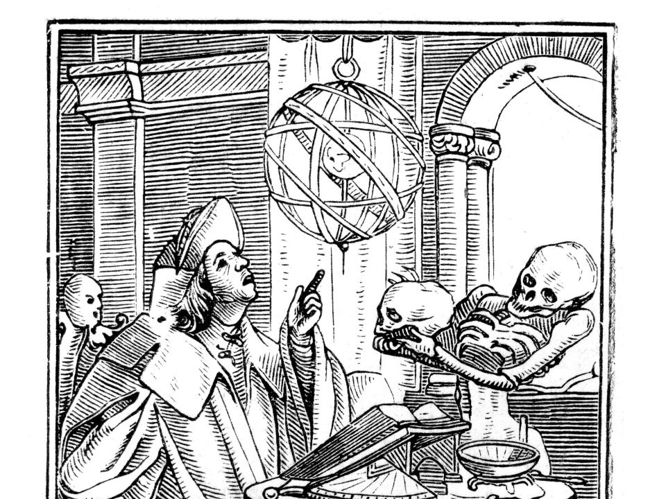 An engraving reading 'the dance of death" shows a man looking at a globe while a skeleton hands him a skull