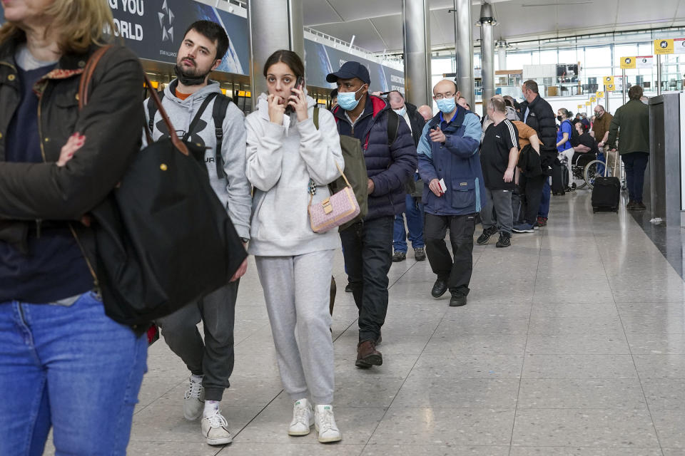 Airline Amnesty People queuing to go through security at Heathrow Terminal 2 as travellers embarking on overseas trips on Monday faced chaos as flights were cancelled and cross-Channel rail services were hit by major delays. Airlines are suffering from staff shortages related to coronavirus sickness, leading to flights being grounded. Picture date: Monday April 4, 2022. (Photo by Steve Parsons/PA Images via Getty Images)