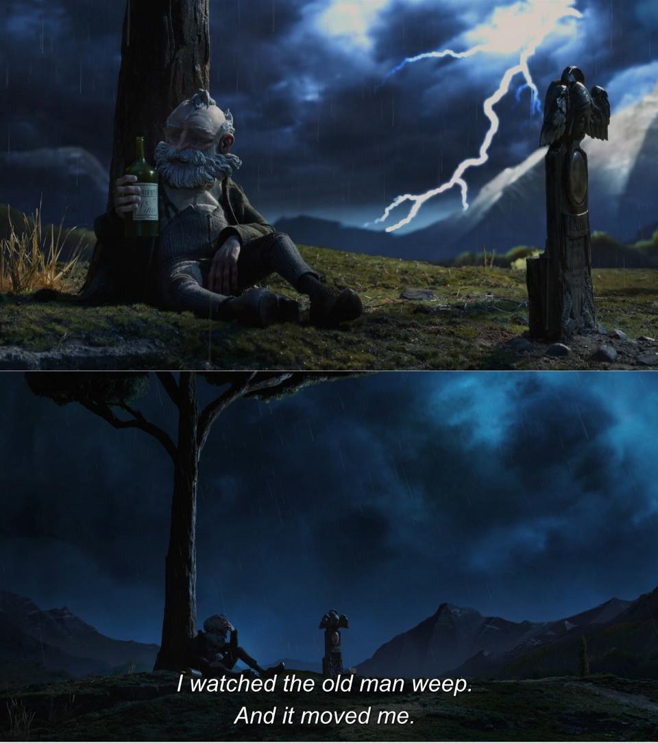 an old man drinks alcohol under a tree while grieving over his son's grave next to the tree