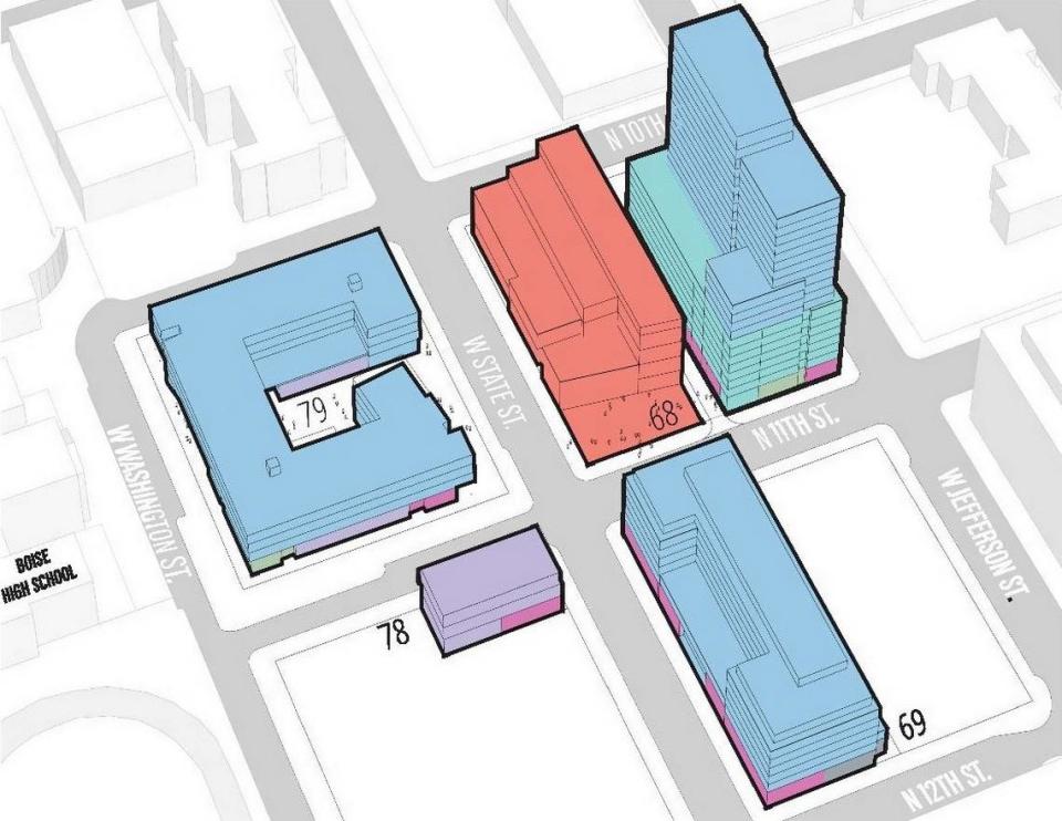 Early plan calls for moving the YMCA from Block 79, at upper left, south across State Street to Block 68, at upper middle. Housing and commercial space along State Street would fill a part of Block 69, at lower right, and the rest of Block 68 along Jefferson Street, at upper right, and Block 79 after the new YMCA is finished. An office building would be built on a portion of Block 78, lower left. The block numbers come from Boise’s original plat map from the 19th century. Edlen & Co.