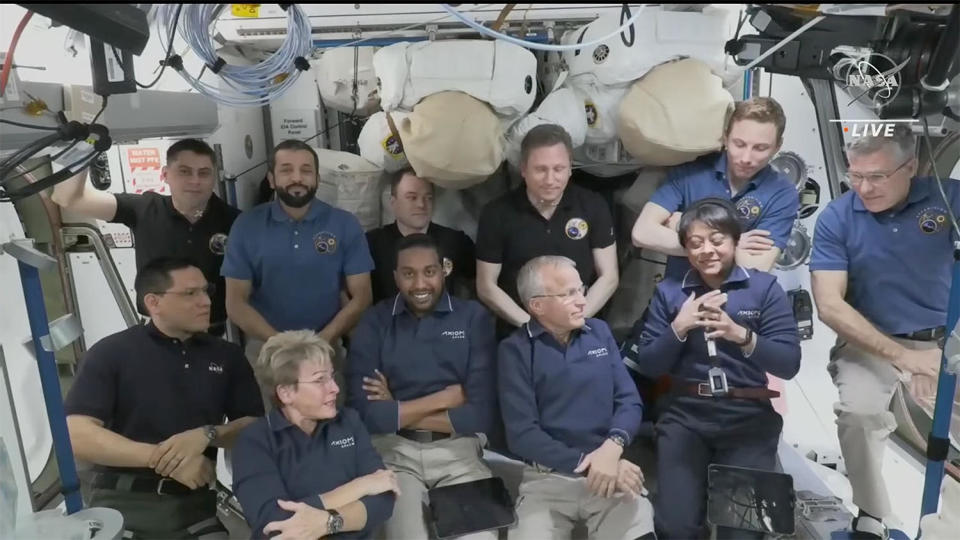 The seven full-time space station crew members gathered with Whitson, Shoffner, Alqarni and Barnawi Monday for an emotion farewell ceremony. Barnawi, lower right, fought back tears, like Whitson before her, as she thanked the full-time station crew for their support. / Credit: NASA