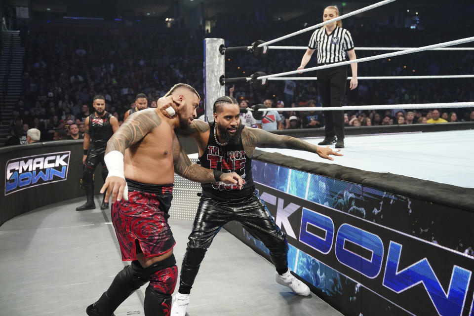 GREENVILLE, SOUTH CAROLINA - OCTOBER 11: Jimmy Uso in action against Solo Sikoa during Smackdown at Bon Secours Wellness Arena on October 11, 2024 in Greenville, South Carolina.  (Photo by WWE/Getty Images)