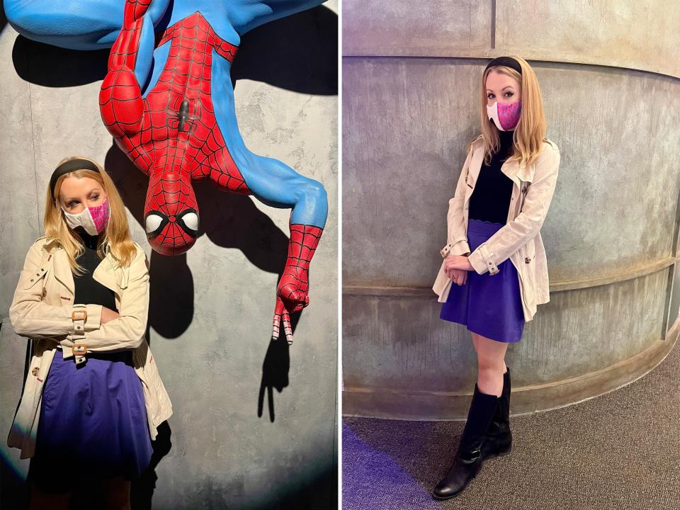 Left: Gwen Stacy cosplayer stands against the wall with an upside down Spiderman poses next to her. Right: Gwen Stacy Cosplayer stands in front of a wall