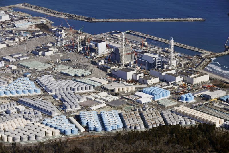 An aerial view shows the storage tanks for treated water at the tsunami-crippled Fukushima Daiichi nuclear power plant in Okuma town, Fukushima prefecture