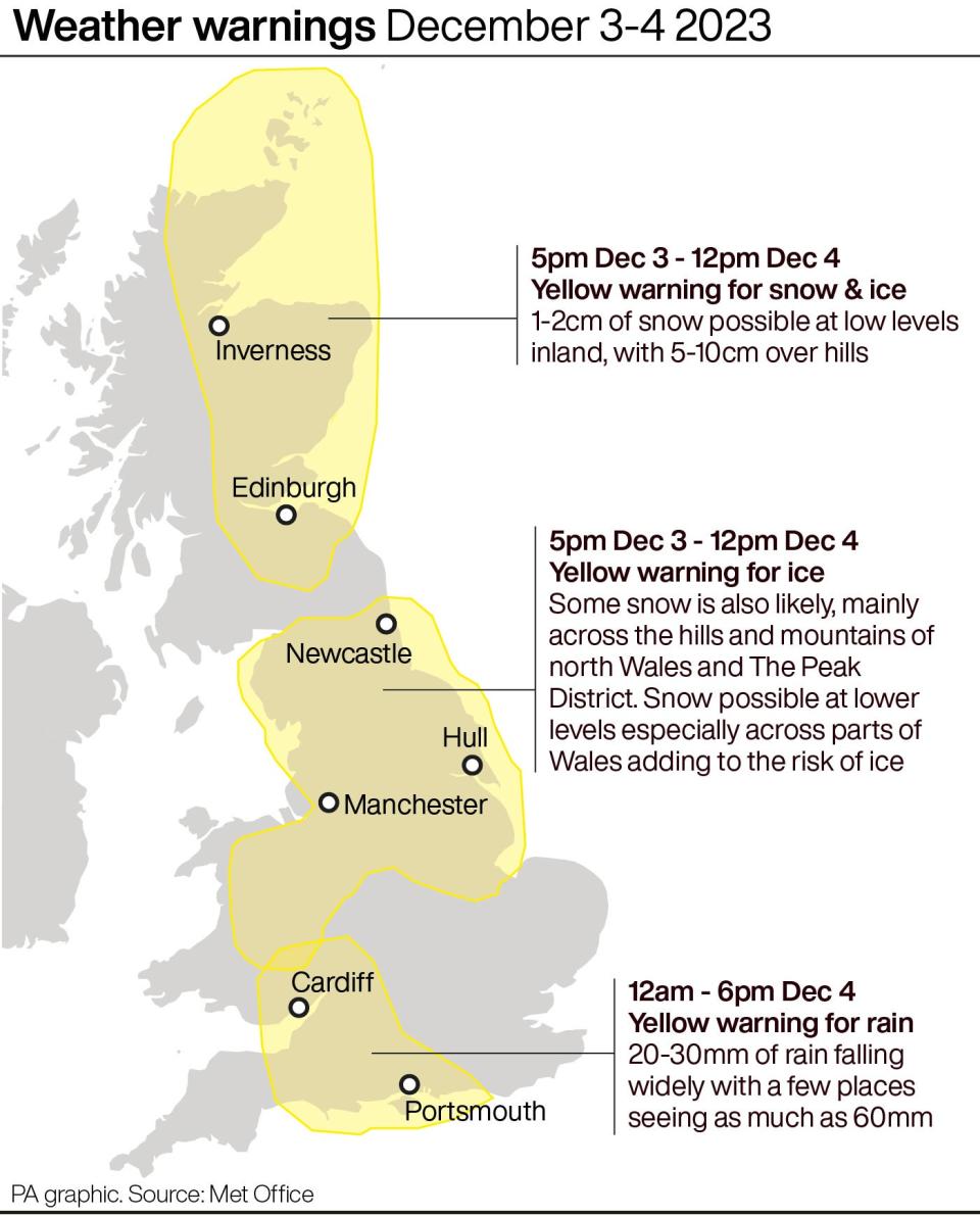 Where  weather warnings are in place tonight and tomorrow (PA Wire)