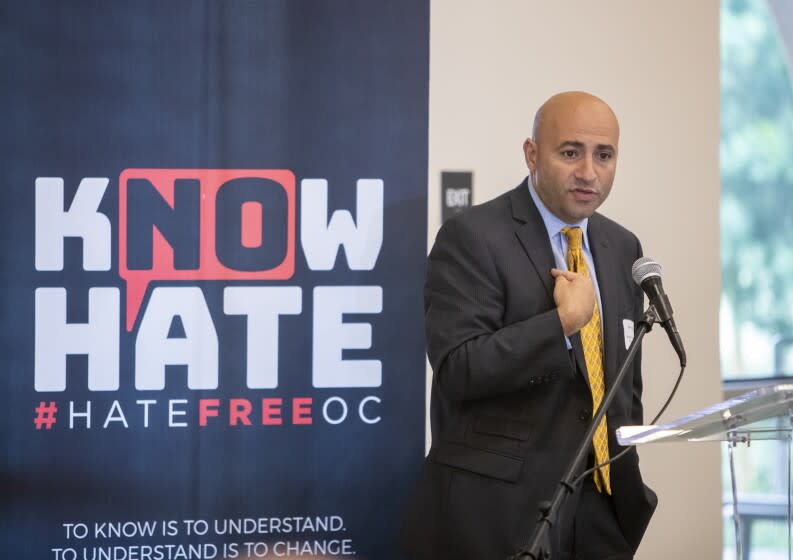 Ebrahim Baytieh, with the Orange County District Attorney's Office, speaks during the OC Human Relations Council's annual hate crime report release event at the Los Olivos Community Center in Irvine on Thursday, September 26.