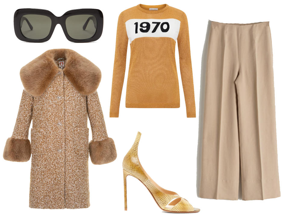 Linda Farrow sunglasses: £425, Shrimps coat: £595, Bella Freud jumper: £310, Francesco Russo stilettos: £240, Wide-leg trousers: £75.