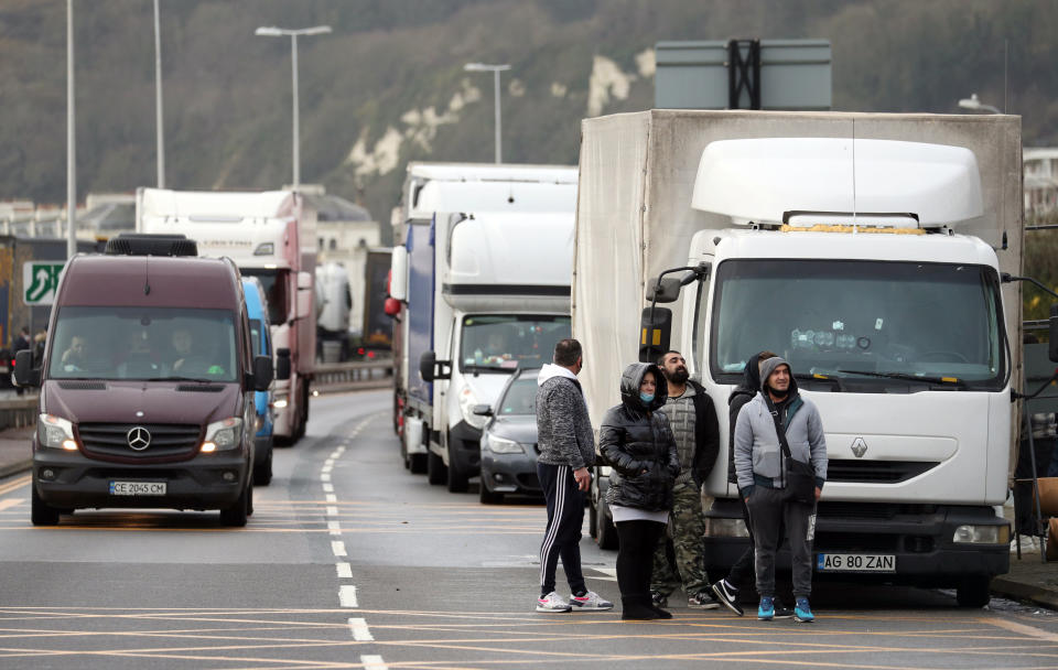 Vehicles parked up outside the entrance to the Port of Dover 