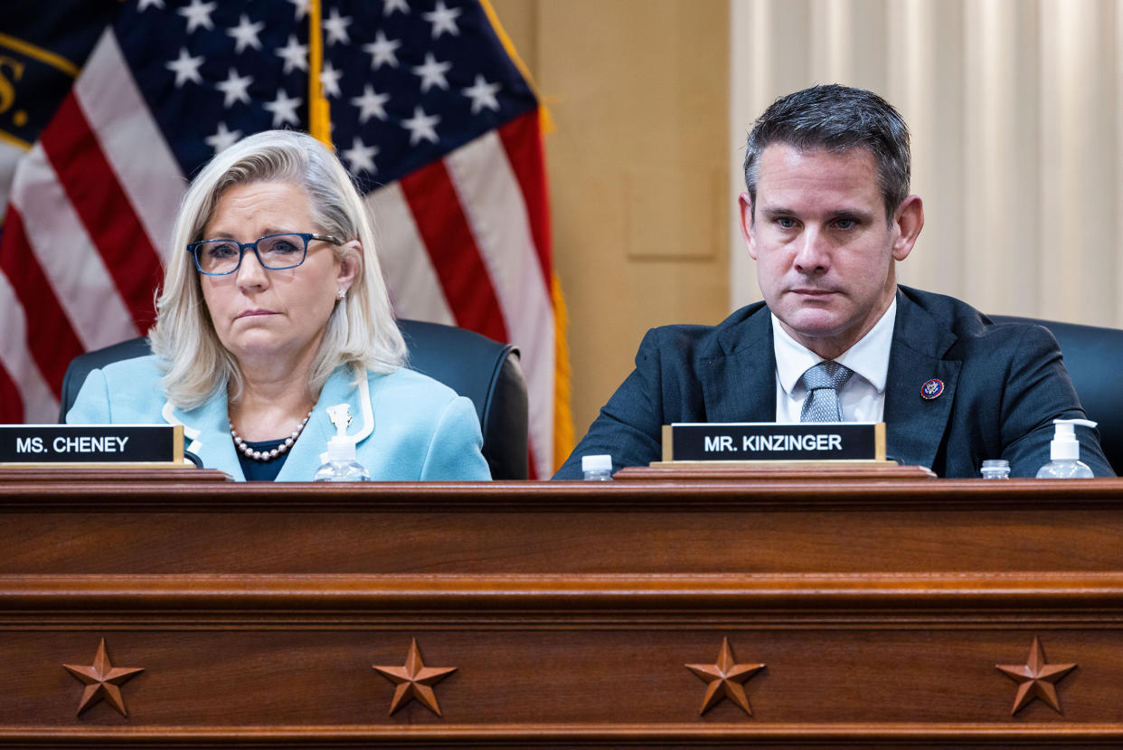 Republican Representatives Liz Cheney, left, and Adam Kinzinger attend the second hearing of the House Select Committee to Investigate the January 6th Attack on the U.S. Capitol, on Capitol Hill in Washington, D.C., June 13, 2022.