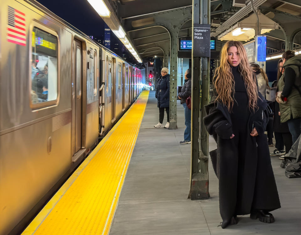 Columbian superstar Shakira in black chunky shoes while in New York City