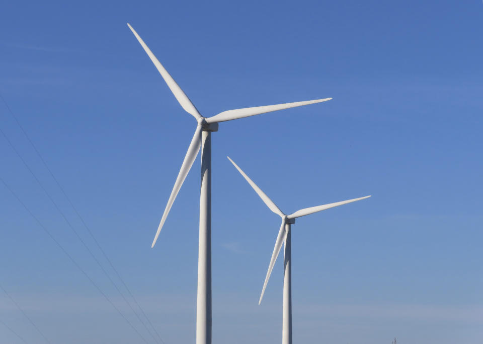 Land-based wind turbines spin in Atlantic City. N.J. on Nov. 3, 2023. On Monday, Nov. 20, offshore wind company Attentive Energy said it will invest $10.6 million in supply chain and ocean technology innovation projects in New Jersey. (AP Photo/Wayne Parry)