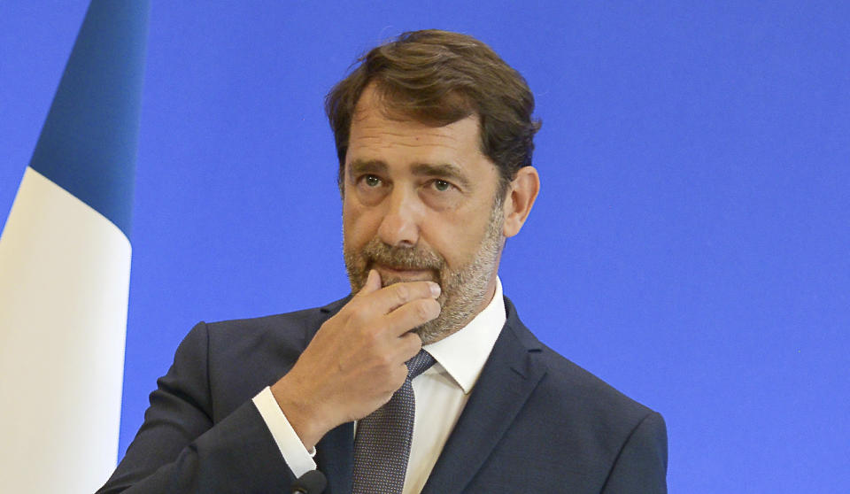 French Interior Minister Christophe Castaner, gestures during a media conference in Paris, Monday, June 8, 2020. French Interior Minister Christophe Castaner said police will no longer conduct chokeholds that have been blamed for multiple cases of asphyxiation and have come under renewed criticism after George Floyd's death in the United States. (Isa Harsin/Pool Photo via AP)