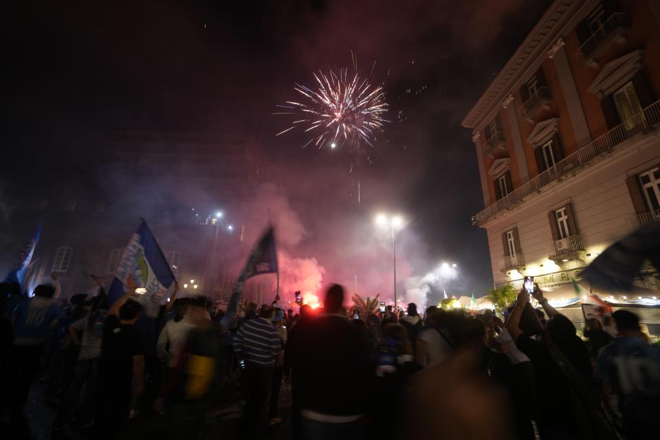 Napoli fans celebrates after winning the Italian league soccer title, in Naples, Italy, Thursday, May 4, 2023. (AP Photo/Andrew Medichini)