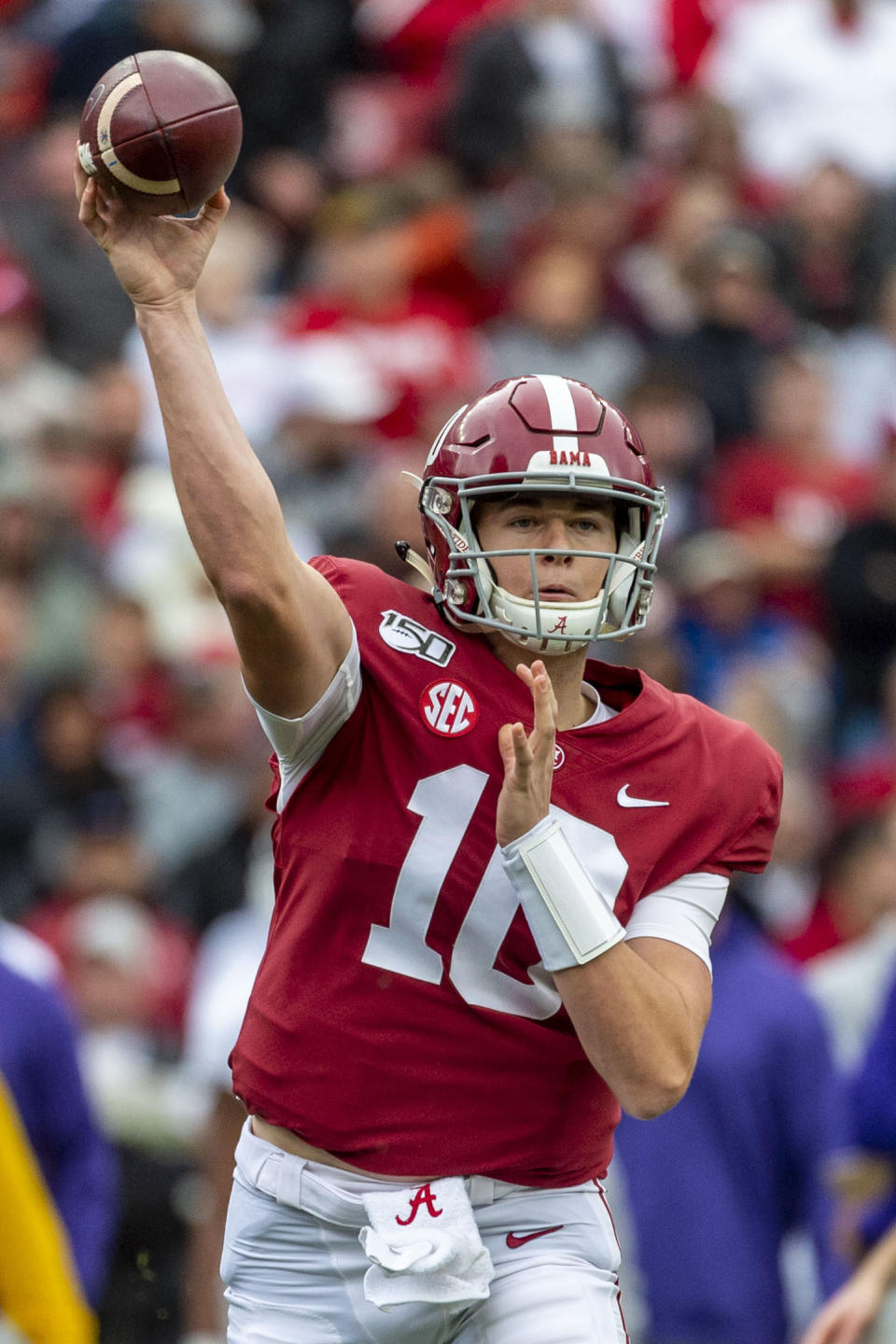 Alabama quarterback Mac Jones (10) throws to running back Najee Harris (22) for a touchdown play against Western Carolina during the first half of an NCAA college football game, Saturday, Nov. 23, 2019, in Tuscaloosa, Ala. (AP Photo/Vasha Hunt)