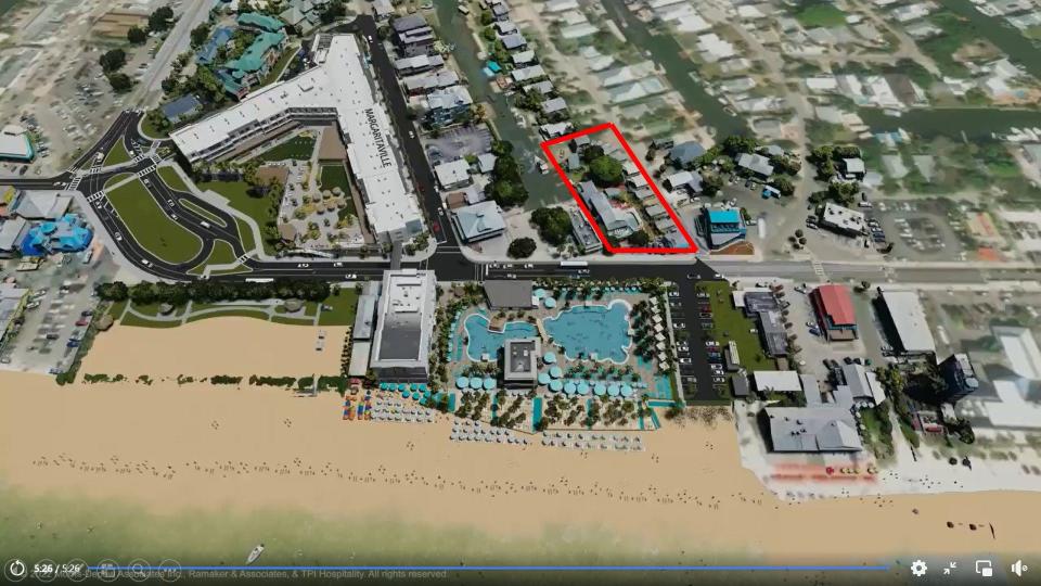 January 2023 Fort Myers Beach Margaritaville rendering in the forefront showing newly acquired expansion property in the red square.