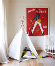 <p> Choose a plain backdrop for displaying bright, modern artwork and unusual furniture. Keep your child stimulated with a teepee tent&#xA0;made from white cotton and wooden sticks. This creative little hideaway will provide a cozy retreat to while away the day, and can be fitted into even small bedroom ideas for kids. </p> <p> Fill it with colorful cushions and toys so they will never be bored. Pair with a white cot, accessories in primary colors and soft, sheer muslin curtains for an understated gender neutral nursery that you and your child will be happy to spend time in. </p>
