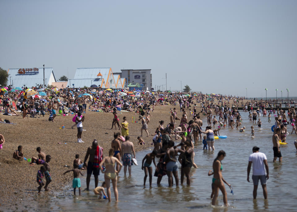 Crowds gather at Southend beach as temperatures soar to as high as 34 degrees across the UK.