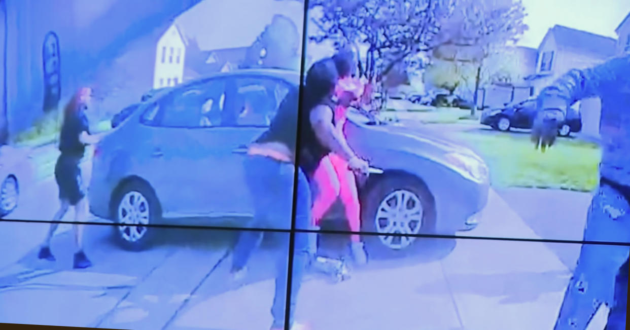 In an image from police bodycam video that the Columbus Police Department played during a news conference Tuesday night, April 20, 2021, a teenage girl, foreground, appears to wield a knife during an altercation before being shot by a police officer Tuesday, April 20, 2021, in Columbus, Ohio. Police shot and the girl just as the verdict was being announced in the trial for the killing of George Floyd. State law allows police to use deadly force to protect themselves or others, and investigators will determine whether this shooting was such an instance, Interim Police Chief Michael Woods said at the news conference. (Columbus Police Department via WSYX-TV via AP)