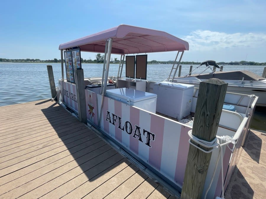 The Ice Cream Afloat pontoon boat is docked at Mill Point Park on July 7, 2023.