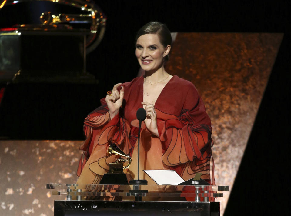 Hildur Gudnadottir accepts the award for best score soundtrack for visual media for "Chernobyl" at the 62nd annual Grammy Awards on Sunday, Jan. 26, 2020, in Los Angeles. (Photo by Matt Sayles/Invision/AP)