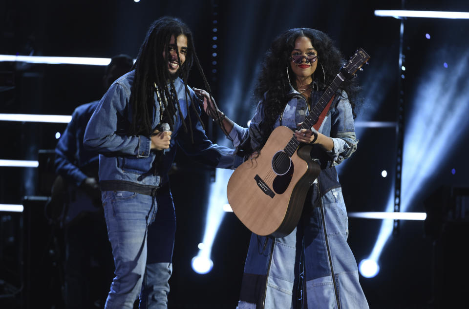 Skip Marley, left, and H.E.R. perform at the 51st NAACP Image Awards at the Pasadena Civic Auditorium on Saturday, Feb. 22, 2020, in Pasadena, Calif. (AP Photo/Chris Pizzello)