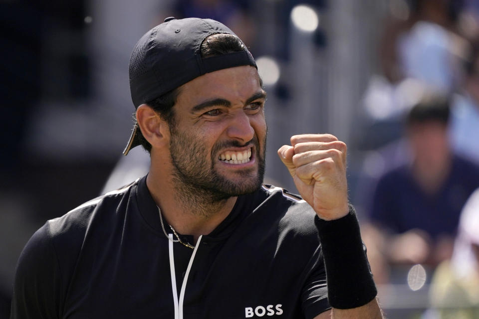 FILE - Matteo Berrettini of Italy reacts after scoring a point against Tommy Paul of the United States during their quarterfinal tennis match at the Queen's Club Championships in London, Friday, June 17, 2022. Berrettini will compete in the 2022 Wimbledon tennis tournament. (AP Photo/Alberto Pezzali, File)