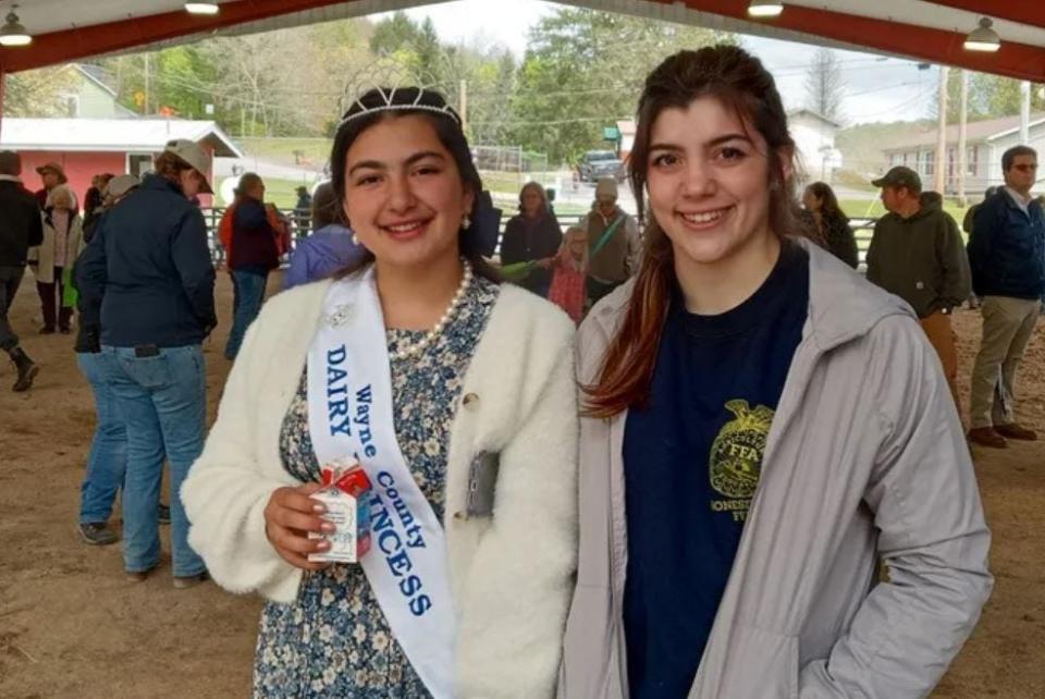 At the 2023 Wayne County Ag Day, Wayne County Dairy Princess Elektra Kehagias, at left, offered remarks about the value of dairy products and supporting the industry. She is pictured with Sydney Roberts, who was princess-elect at that time and was crowned at the Wayne County Dairy Court pageant on May 21. The 2023-2024 dairy princess and court are set to participate in the 2024 Wayne County Ag Day, Feb. 19 at Honesdale High School.