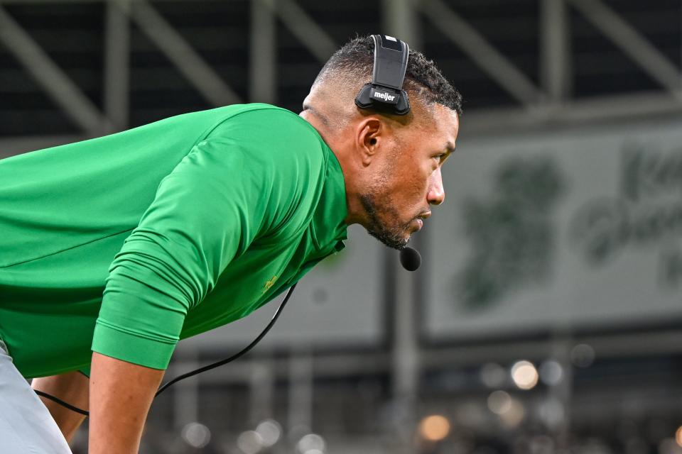 Aug 26, 2023; Dublin, IRL; Notre Dame Fighting Irish head coach Marcus Freeman watches in the second half against the Navy Midshipmen at Aviva Stadium. Mandatory Credit: Matt Cashore-USA TODAY Sports