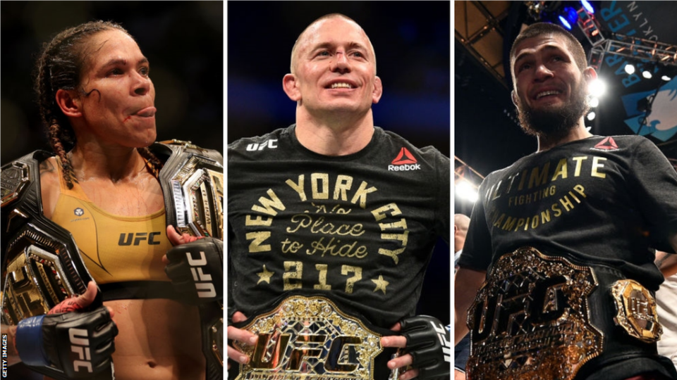 Split image of Amanda Nunes with her two UFC belts, Jon Jones celebrating and Khabib Nurmagomedov with his UFC belt