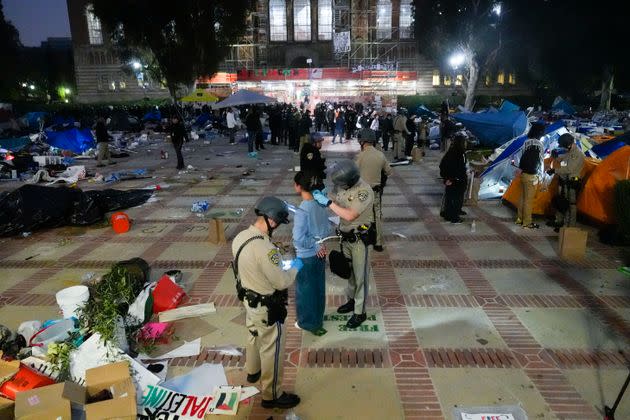 Pro-Palestine demonstrators are detained on the UCLA campus on May 2.