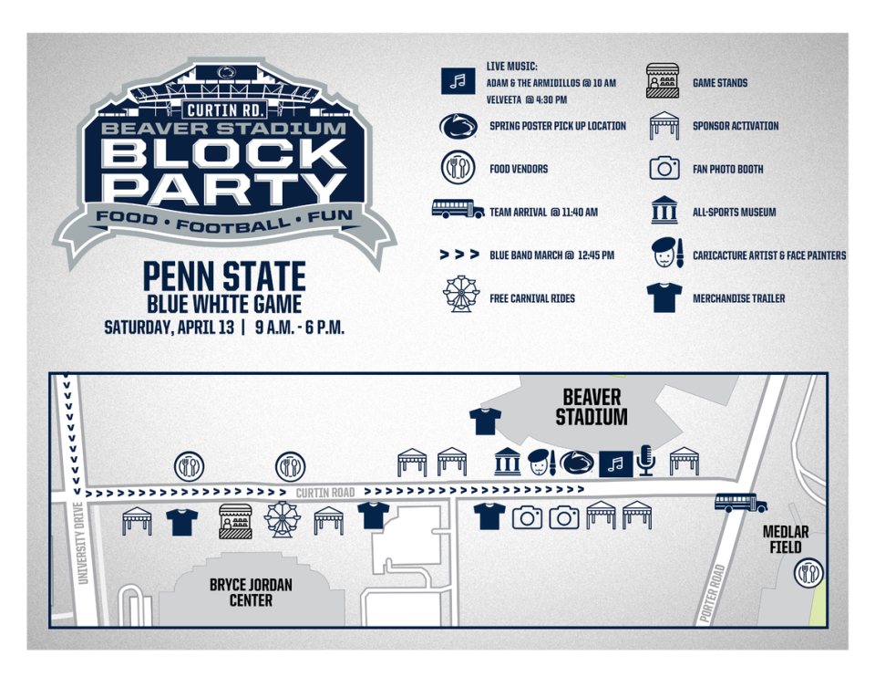 This map shows the broad layout for Penn State’s Beaver Stadium Block Party. Screenshot