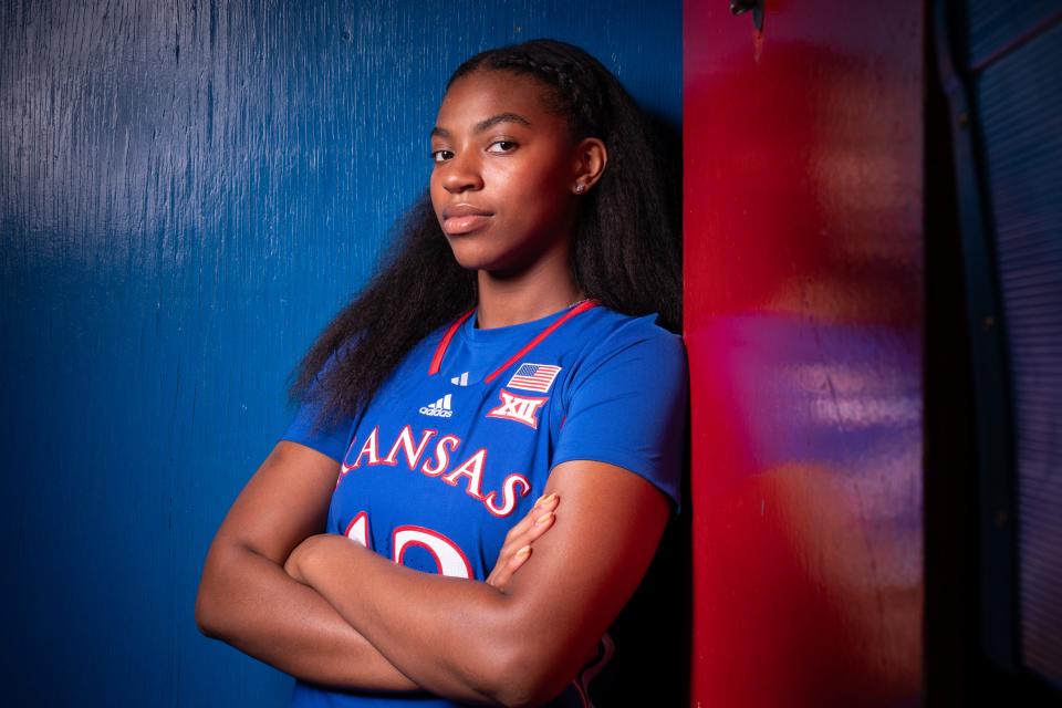 Kansas freshman guard S'Mya Nichols (12) poses during media day in October earlier this year inside Allen Fieldhouse.
