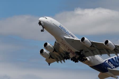 An Airbus A380, the world's largest jetliner, takes part in flying display, during the 52nd Paris Air Show at Le Bourget Airport near Paris, France June 25, 2017. REUTERS/Pascal Rossignol