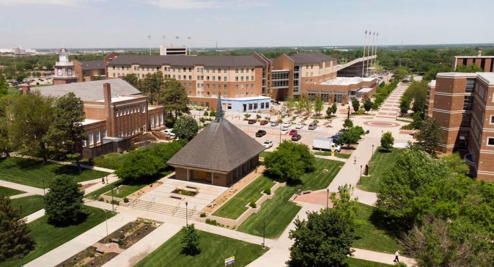 Wichita State University campus looking north from the Rhatigan Student Center. (May 15, 2019)