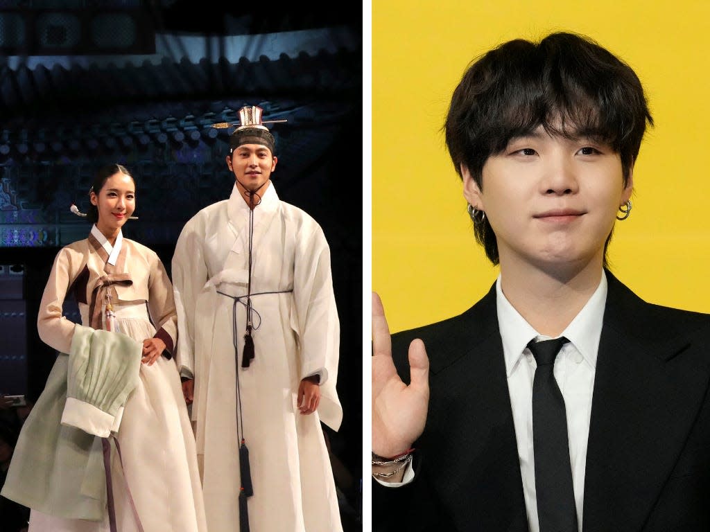 An image of two Koreans wearing hanbok at a fashion show (L); BTS band member Suga